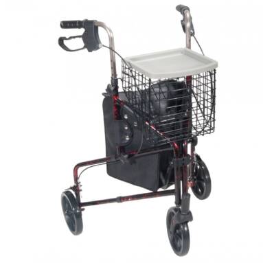 3 Wheel Flame Red Rollator Walker with Basket Tray and Pouch - 10289rd