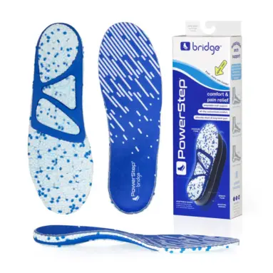 PowerStep Bridge insoles – top, bottom, side and box