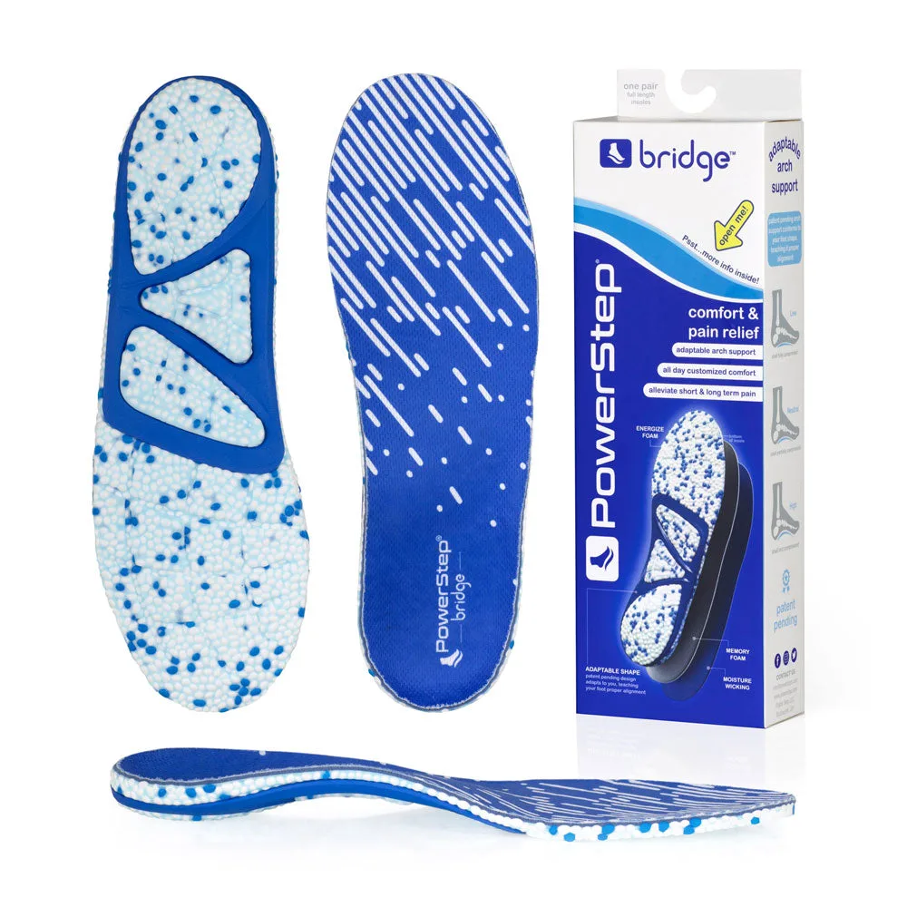 PowerStep Bridge insoles – top, bottom, side and box