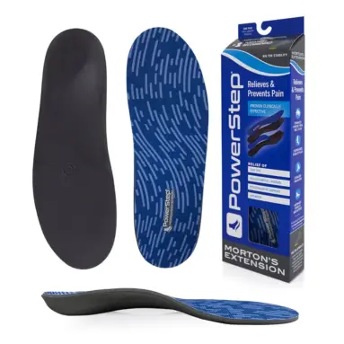 PowerStep Morton's Extension insoles – top, bottom, side and box