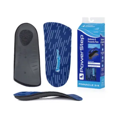 PowerStep Pinnacle 3/4 insoles – top, bottom, side and box