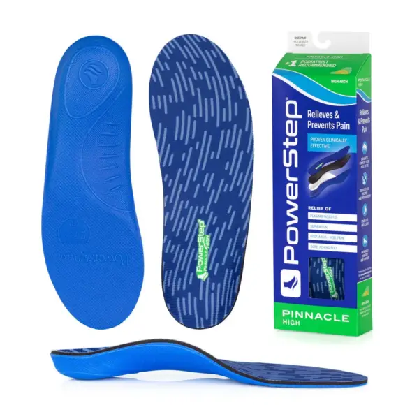 PowerStep Pinnacle High insoles – top, bottom, side and box