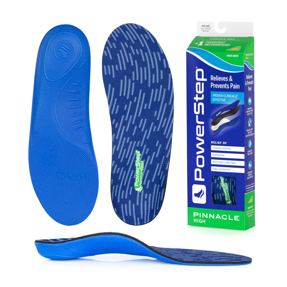 PowerStep Pinnacle High insoles – top, bottom, side and box