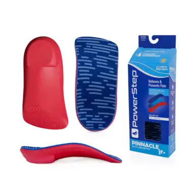 PowerStep Pinnacle Junior 3/4 insoles – top, bottom, side and box