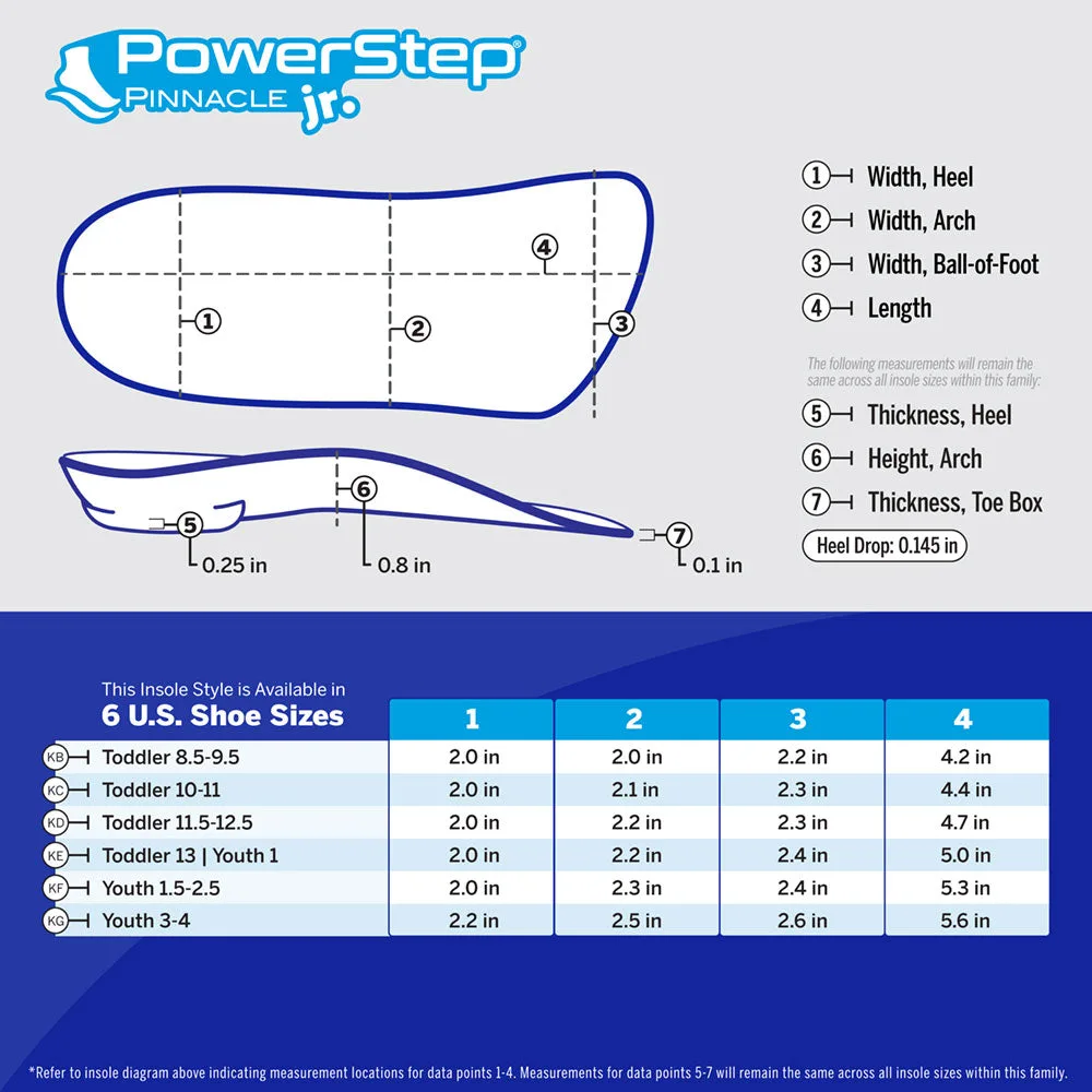 PowerStep Pinnacle Junior 3/4 size and dimensions chart