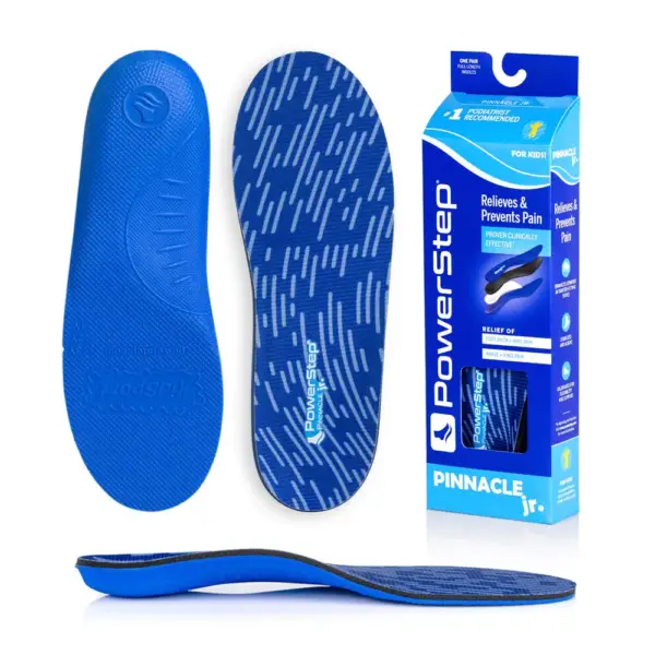 PowerStep Pinnacle Junior insoles – top, bottom, side and box