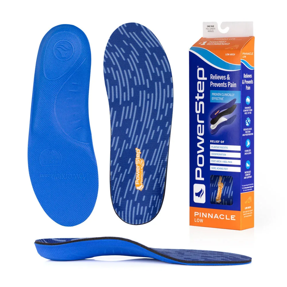 PowerStep Pinnacle Low insoles – top, bottom, side and box
