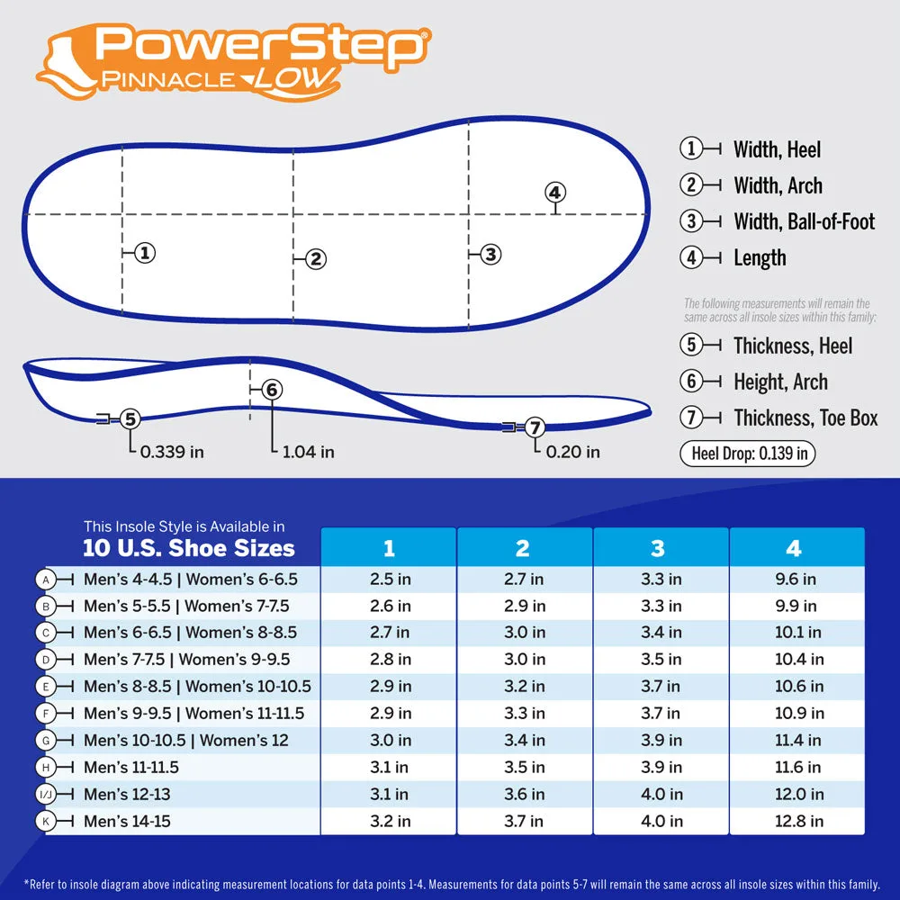 PowerStep Pinnacle Low size and dimensions chart