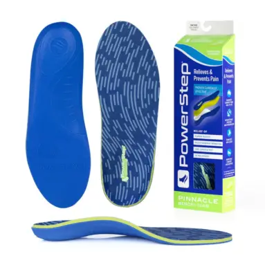 PowerStep Pinnacle Memory Foam insoles – top, bottom, side and box