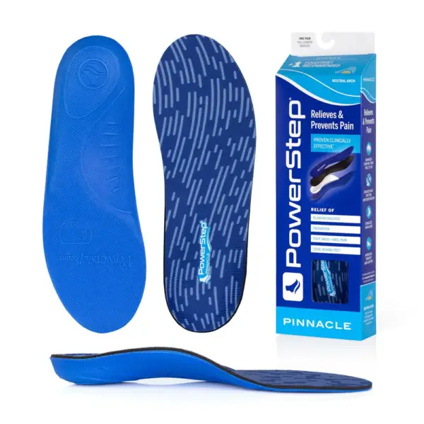 PowerStep Pinnacle insoles – top, bottom, side and box
