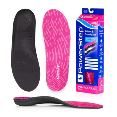 PowerStep Pinnacle Pink insoles – top, bottom, side and box