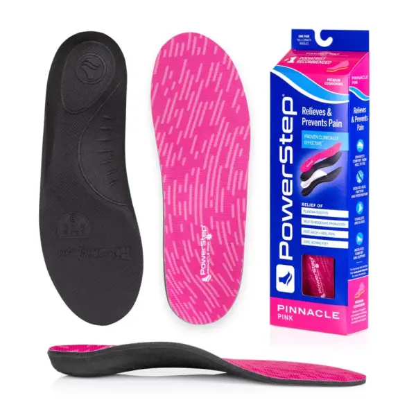 PowerStep Pinnacle Pink insoles – top, bottom, side and box
