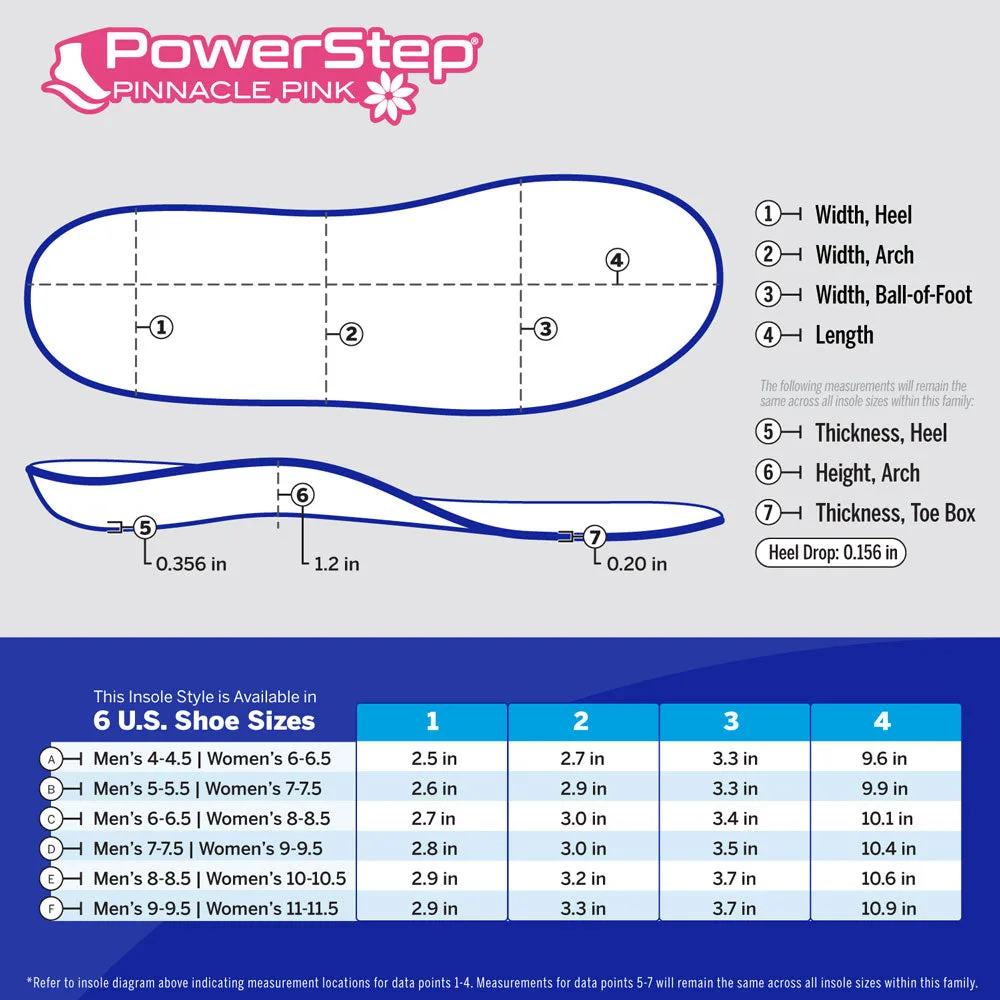 PowerStep Pinnacle Pink size and dimensions chart