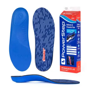 PowerStep Pinnacle Plus Met insoles – top, bottom, side and box