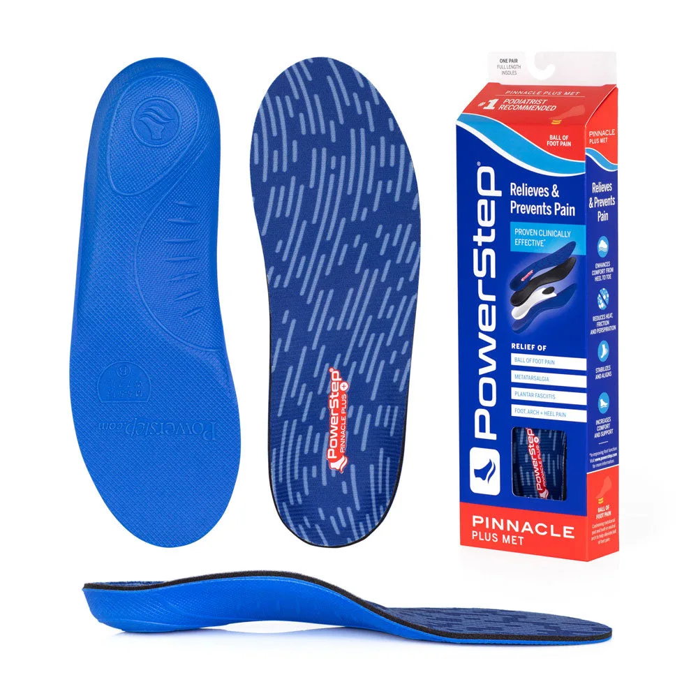 PowerStep Pinnacle Plus Met insoles – top, bottom, side and box