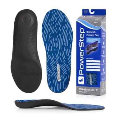 PowerStep Pinnacle Wide Fit insoles – top, bottom, side and box