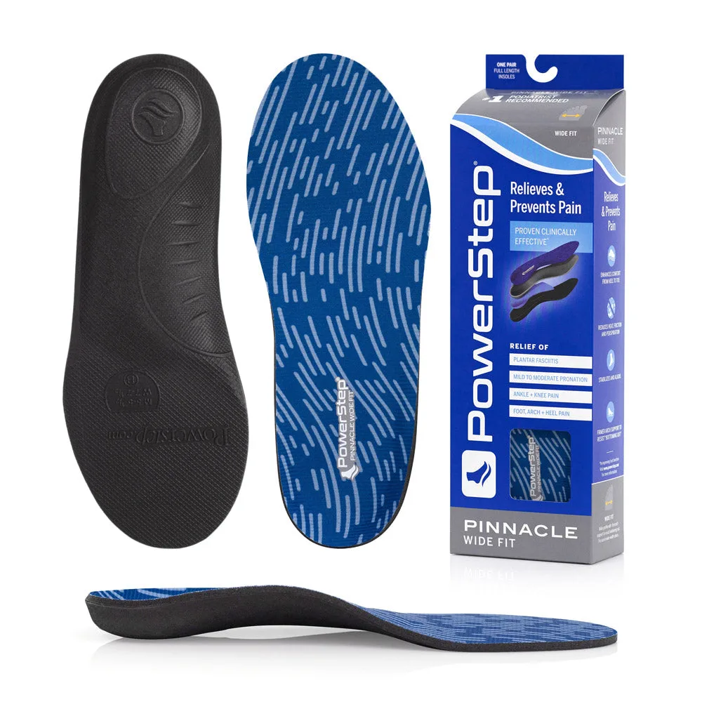 PowerStep Pinnacle Wide Fit insoles – top, bottom, side and box