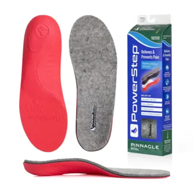 PowerStep Pinnacle Wool insoles – top, bottom, side and box