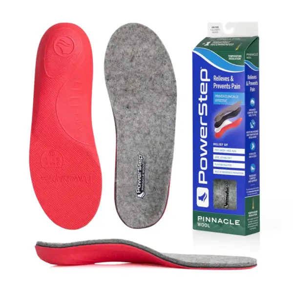 PowerStep Pinnacle Wool insoles – top, bottom, side and box