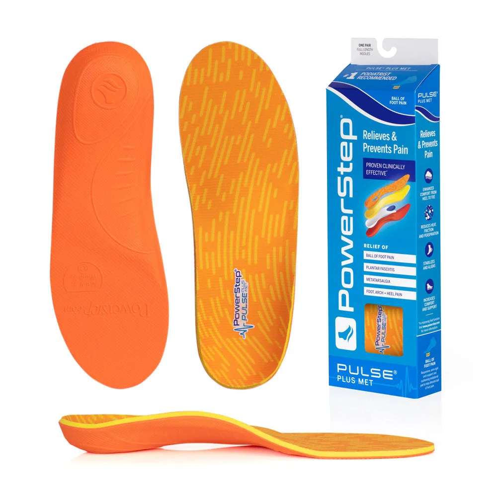PowerStep PULSE Plus Met insoles – top, bottom, side and box