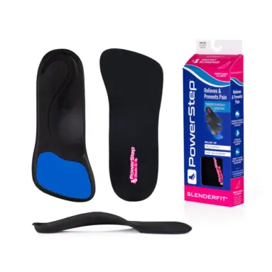 PowerStep SlenderFit 3/4 insoles – top, bottom, side and box